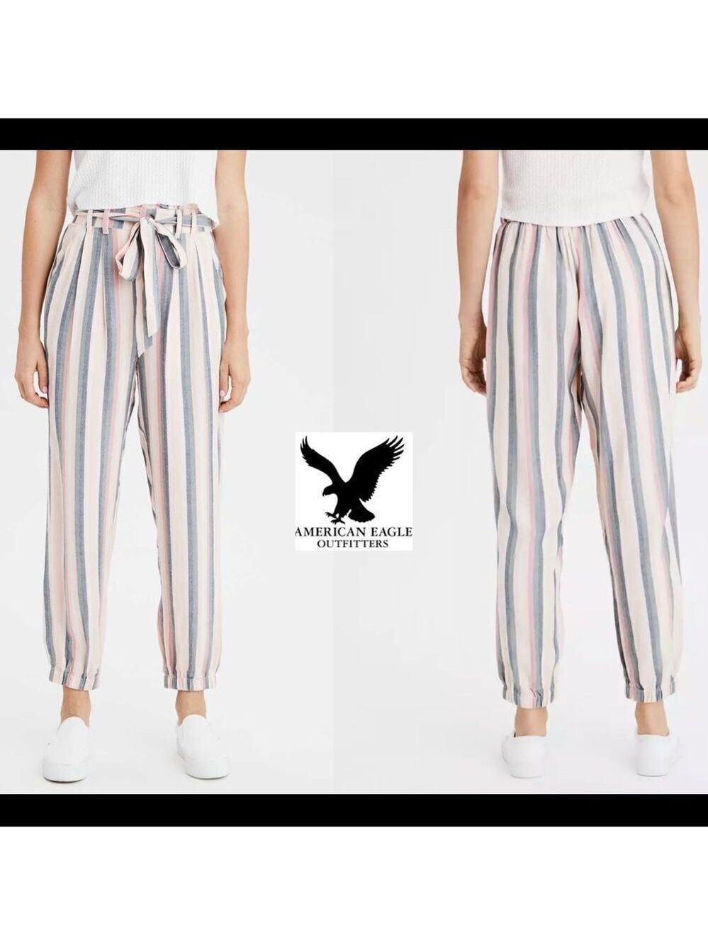 AE High-Waisted Striped Paperbag Jogger Sz L